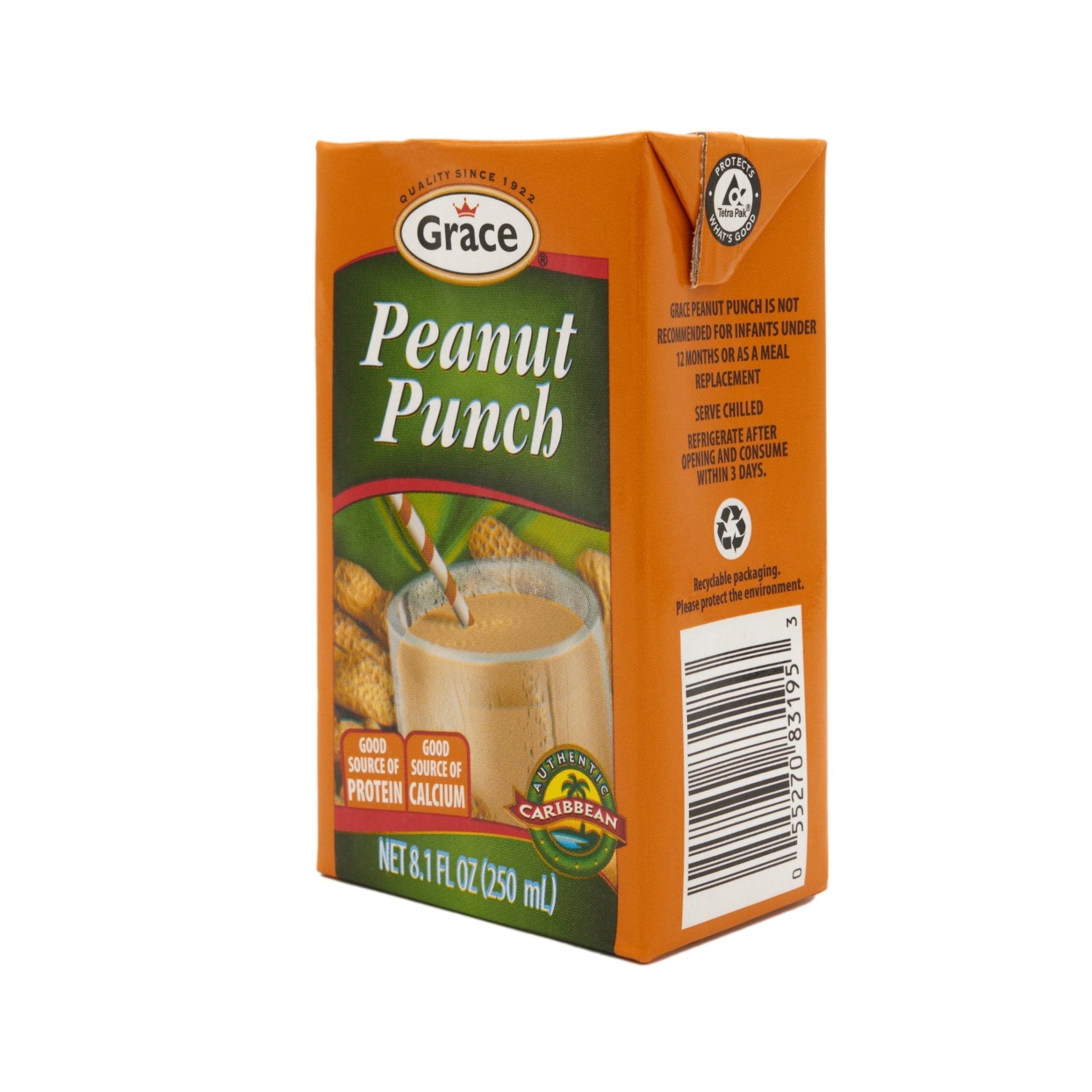 GRACE Peanut Punch, nutritious drink with real peanuts, packed with protein. Ideal for enjoying tropical flavors in Latin food.