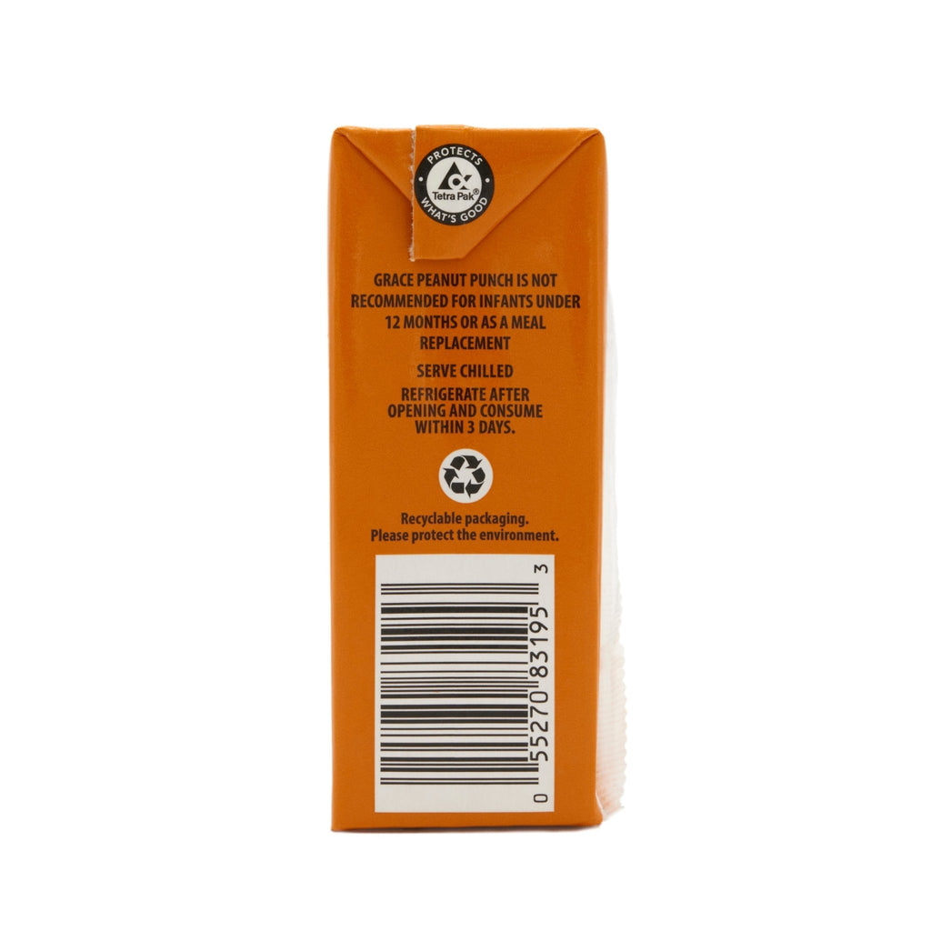 GRACE Peanut Punch carton side view highlighting storage instructions and recyclable packaging for quality Latin food.