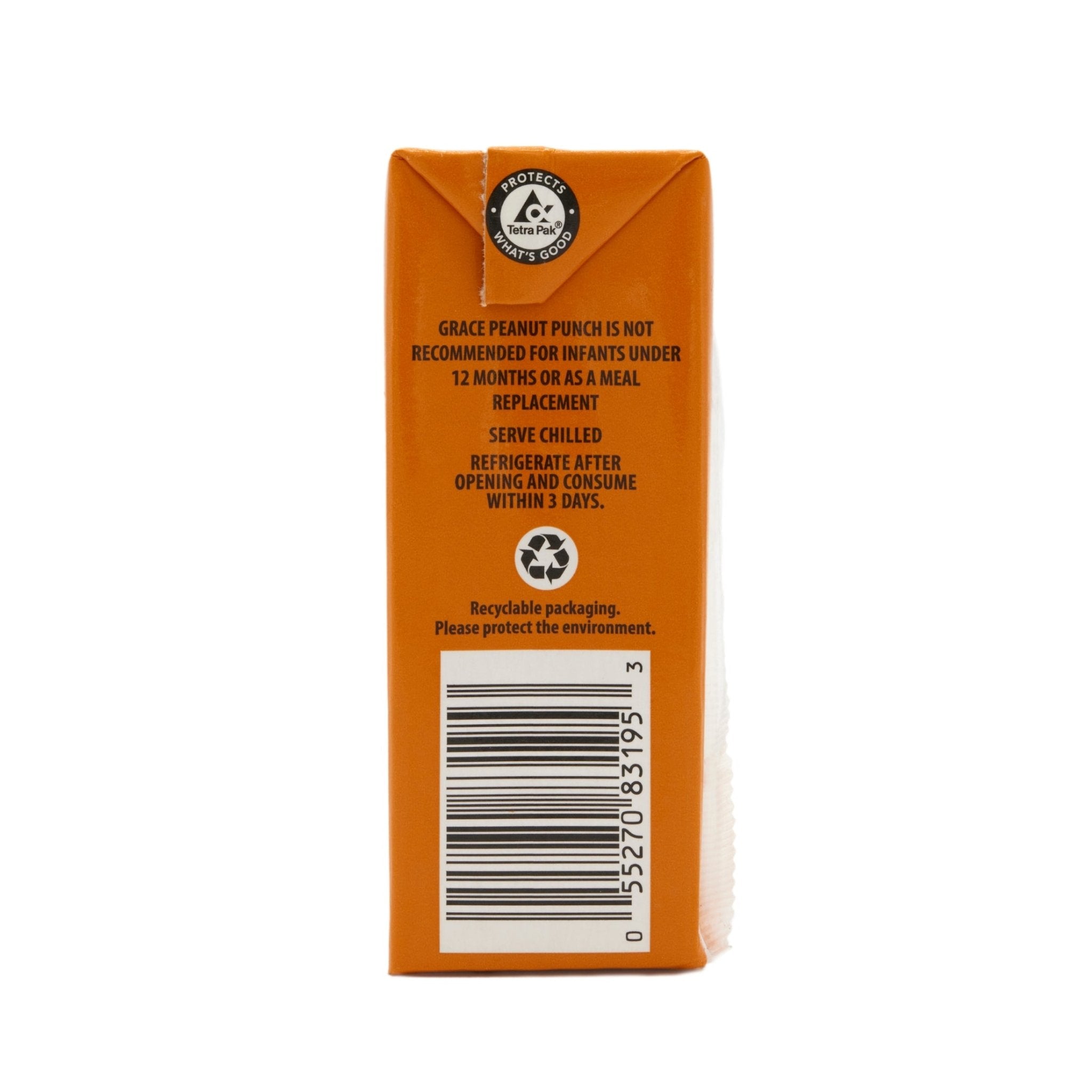 GRACE Peanut Punch carton side view highlighting storage instructions and recyclable packaging for quality Latin food.