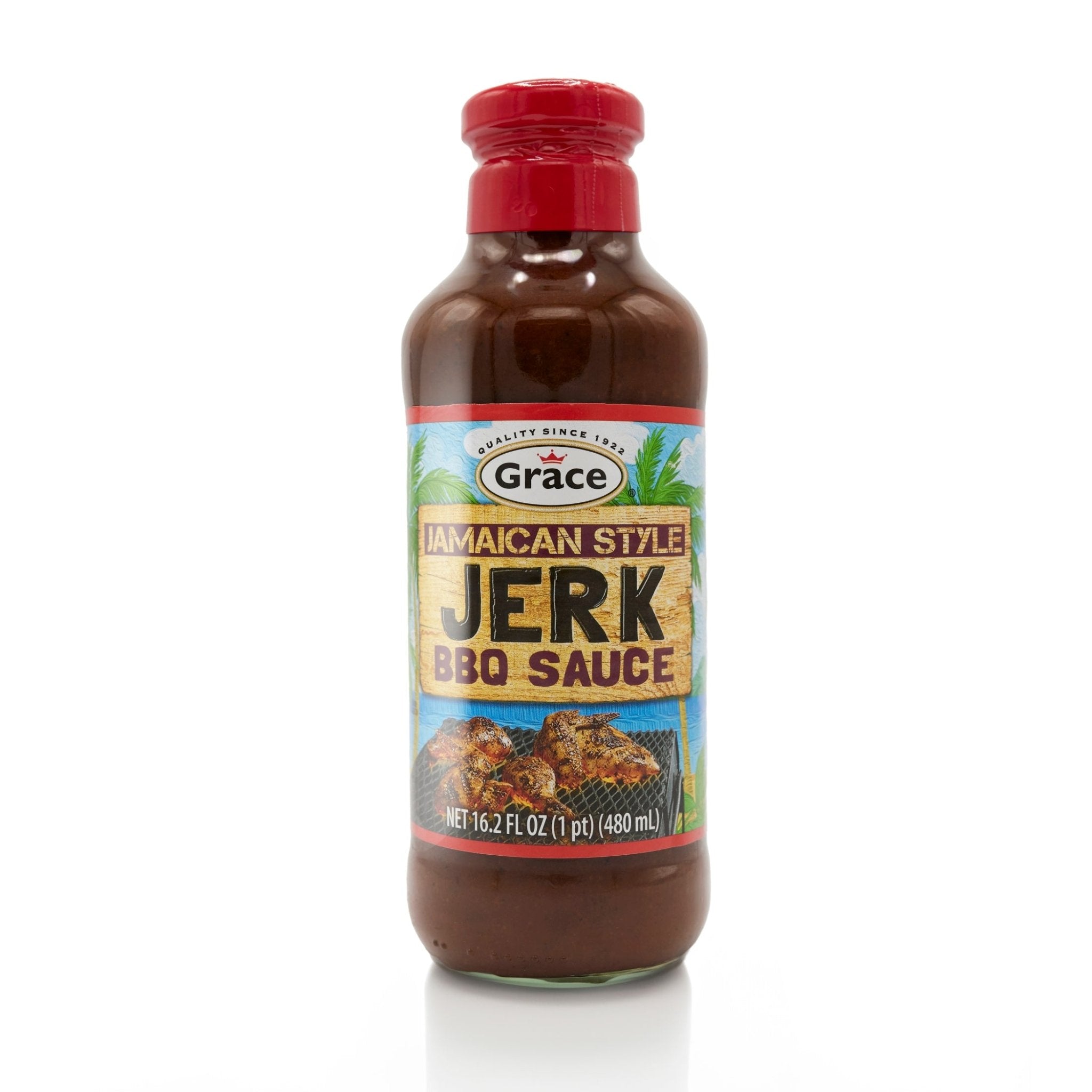 Grace Jamaican Style Jerk BBQ Sauce bottle, a delicious blend of tropical flavors for authentic Latin food lovers.