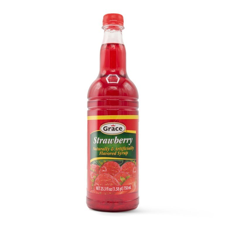 GRACE SYRUP STRAWBERRY 25.5 oz bottle, perfect for enhancing Latin recipes and drinks with authentic fruity flavor.