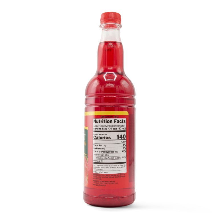GRACE SYRUP STRAWBERRY 12x25.5 OZ PET bottle showcasing nutrition facts and vibrant strawberry flavor for authentic Latin recipes.