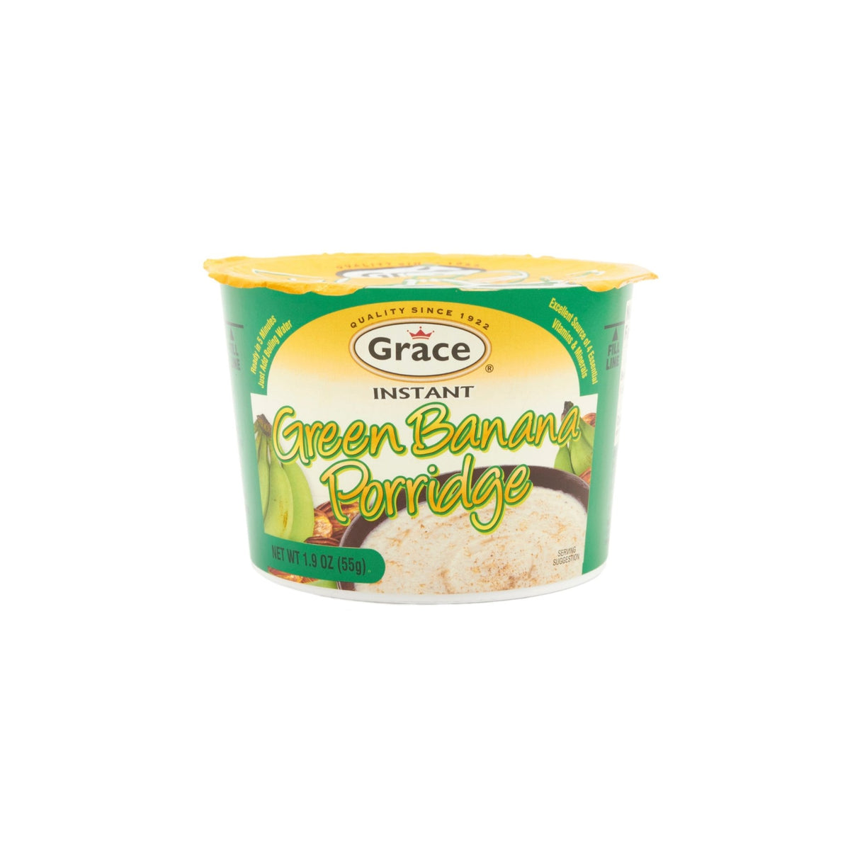 Grace Instant Green Banana Porridge cup, a delicious and convenient breakfast option with tropical flavors.