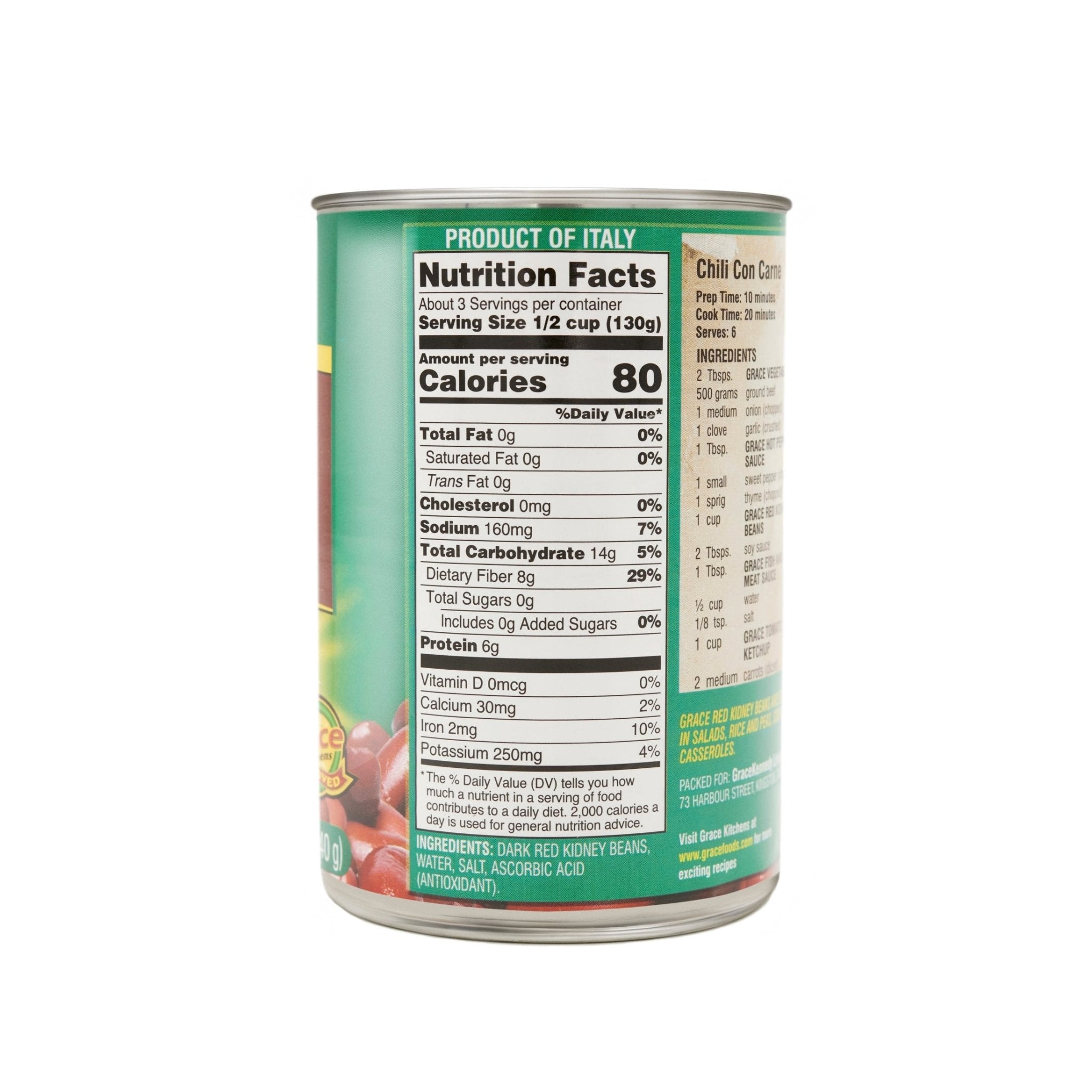 Grace Kidney Beans (Dark Red) nutritional facts can with 80 calories per serving, ideal for healthy Latin meals.