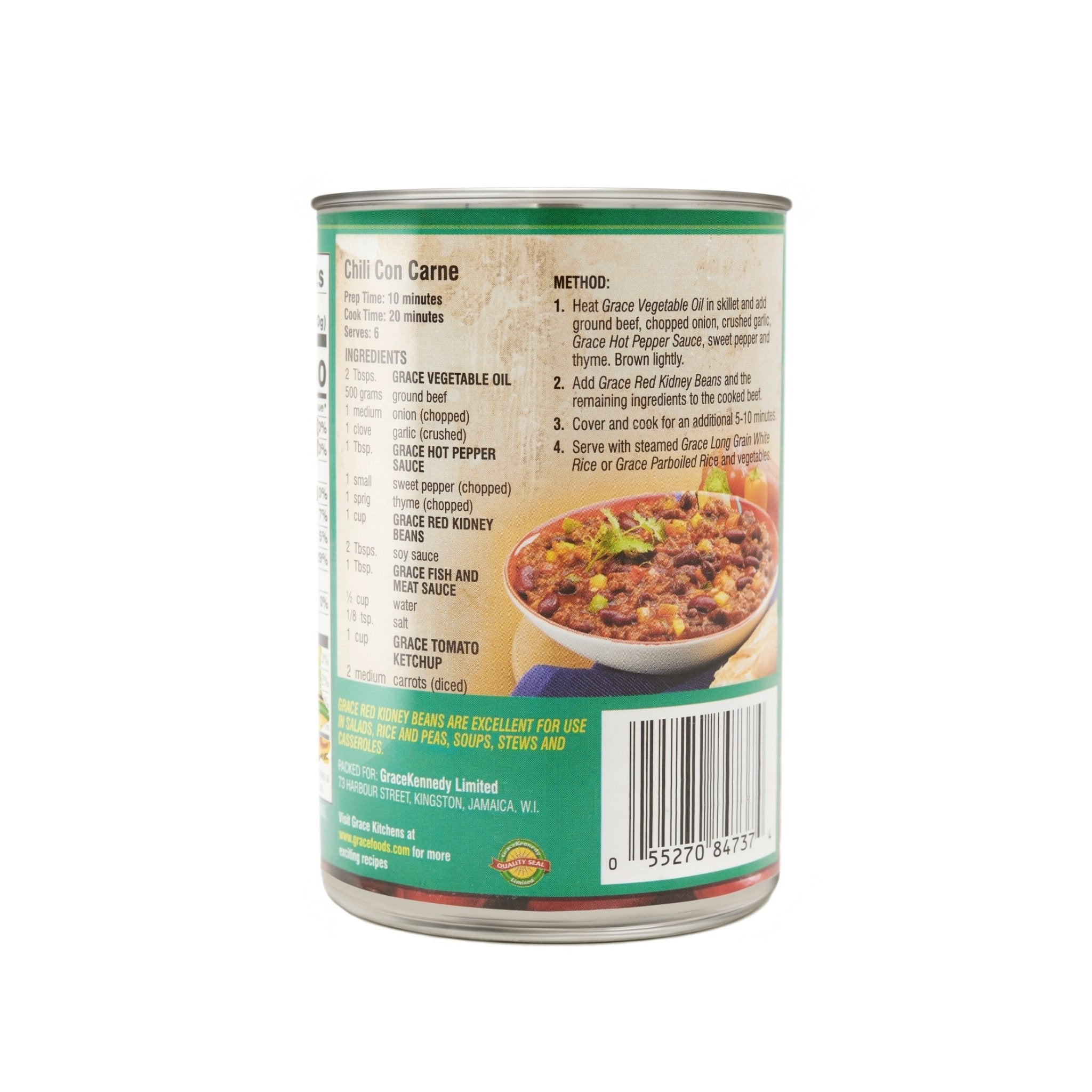 Grace Kidney Beans can label showcasing ingredients and cooking instructions for a delicious Latin meal.