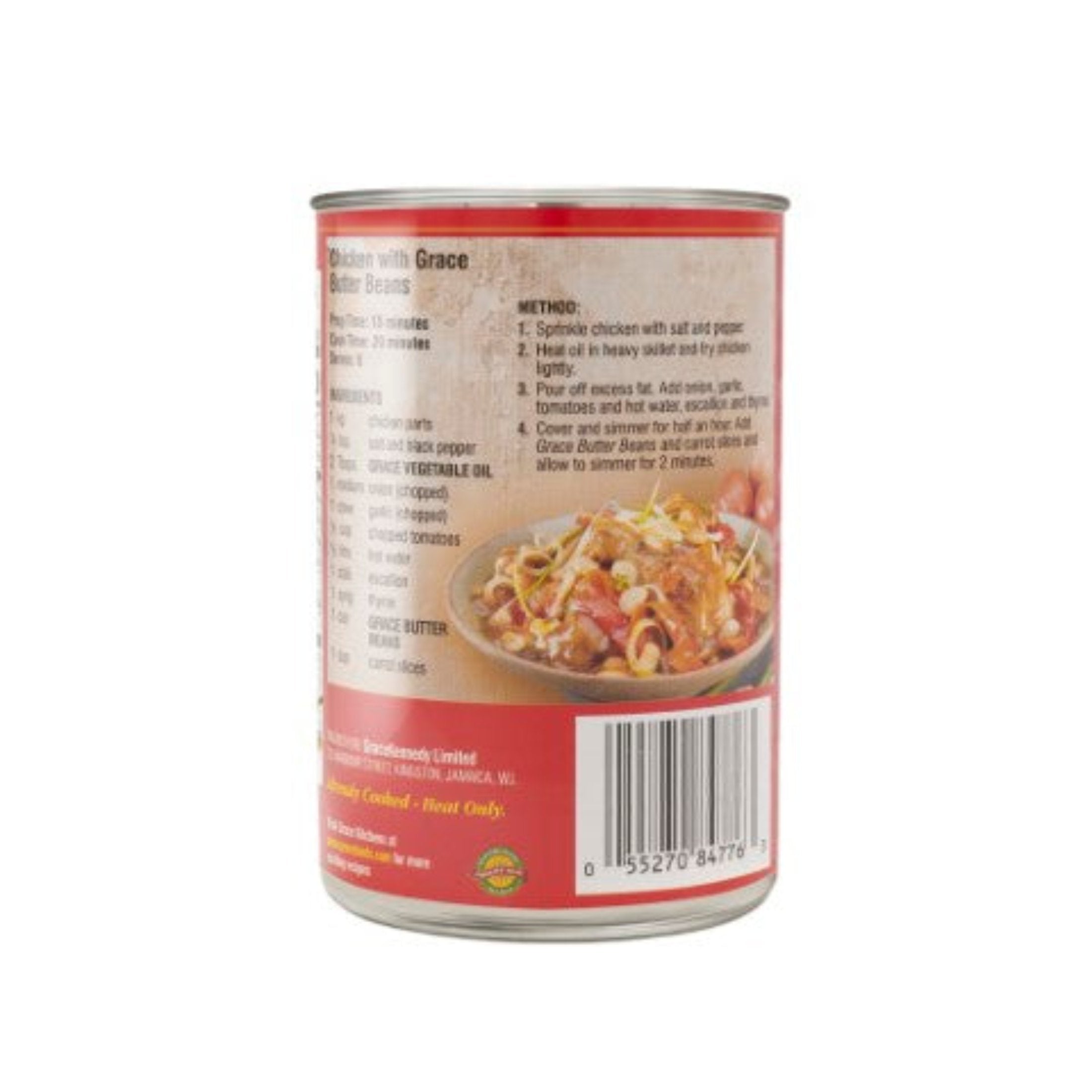 Back of can showing cooking instructions for Grace chicken with butter beans, highlighting authentic Latin food experience.
