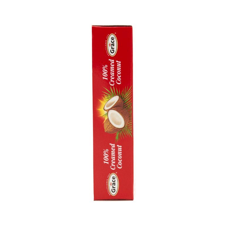 Grace Creamed Coconut packaging, 100% pure coconut, ideal for making authentic Latin food and tropical flavors.