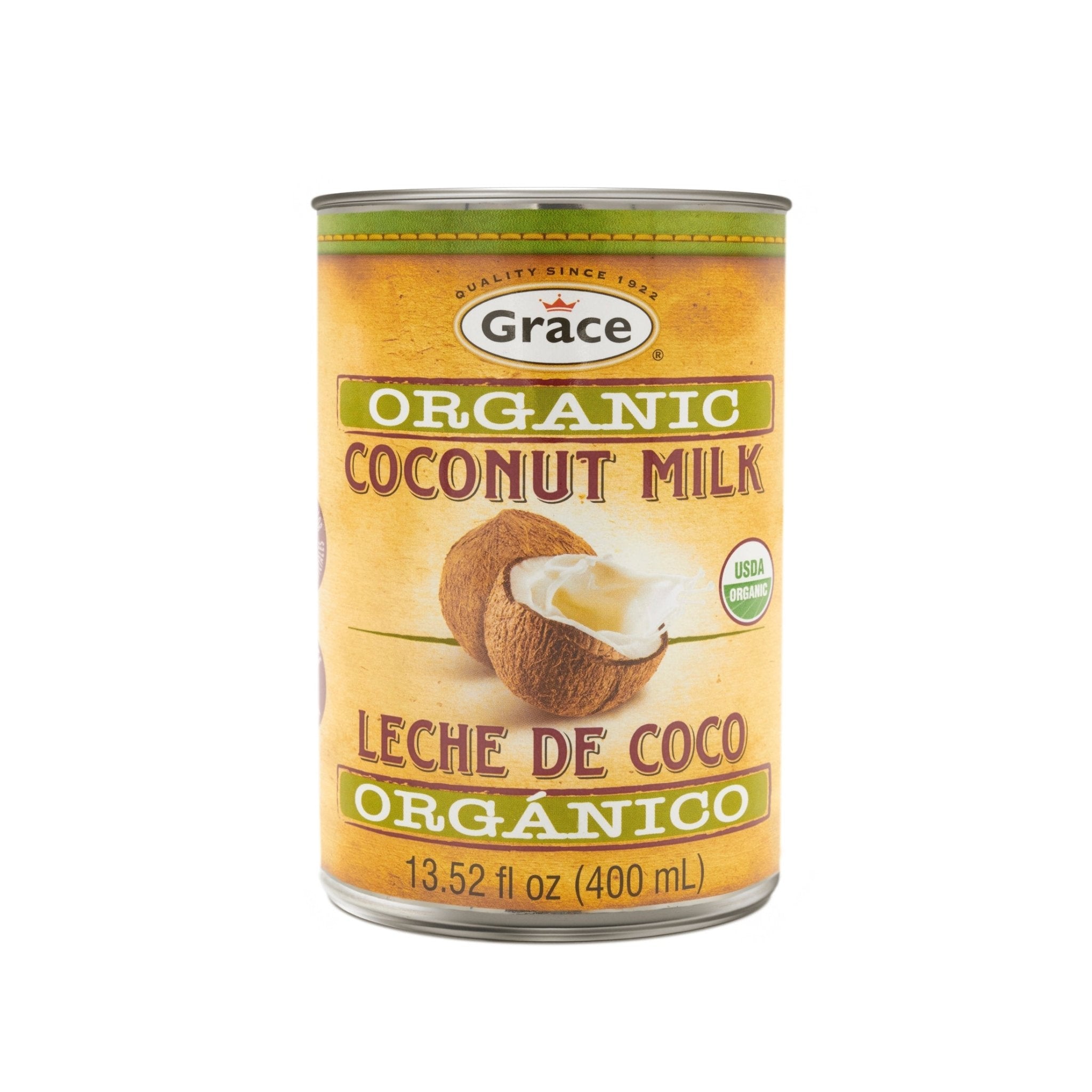 Grace Organic Coconut Milk can, 400ml, perfect for authentic Latin food recipes and tropical flavors.