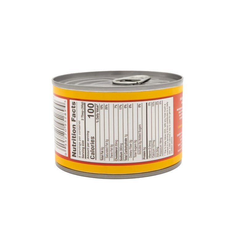 Nutrition facts label on a can of TASTEE CHEESE USA CHEDDAR, highlighting quality ingredients and flavors.