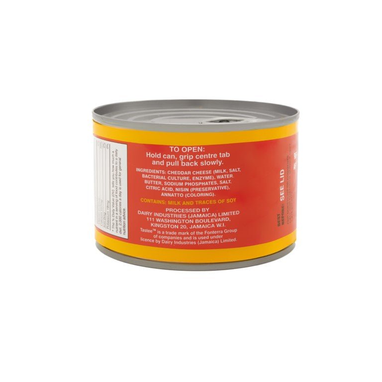 TASTEE CHEESE USA CHEDDAR can with instructions, rich and creamy cheddar cheese, part of authentic Latin food experience.