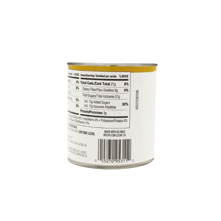 Nutritional label of Sweetened Condensed Fluid Milk can, ideal for Latin food recipes and desserts.