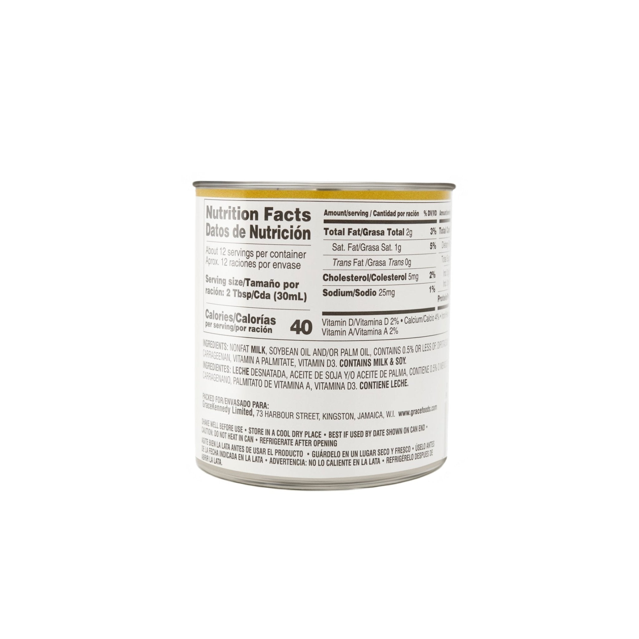 Nutrition facts label on a can of Grace Evaporated Filled Milk, showcasing quality Latin food ingredients.