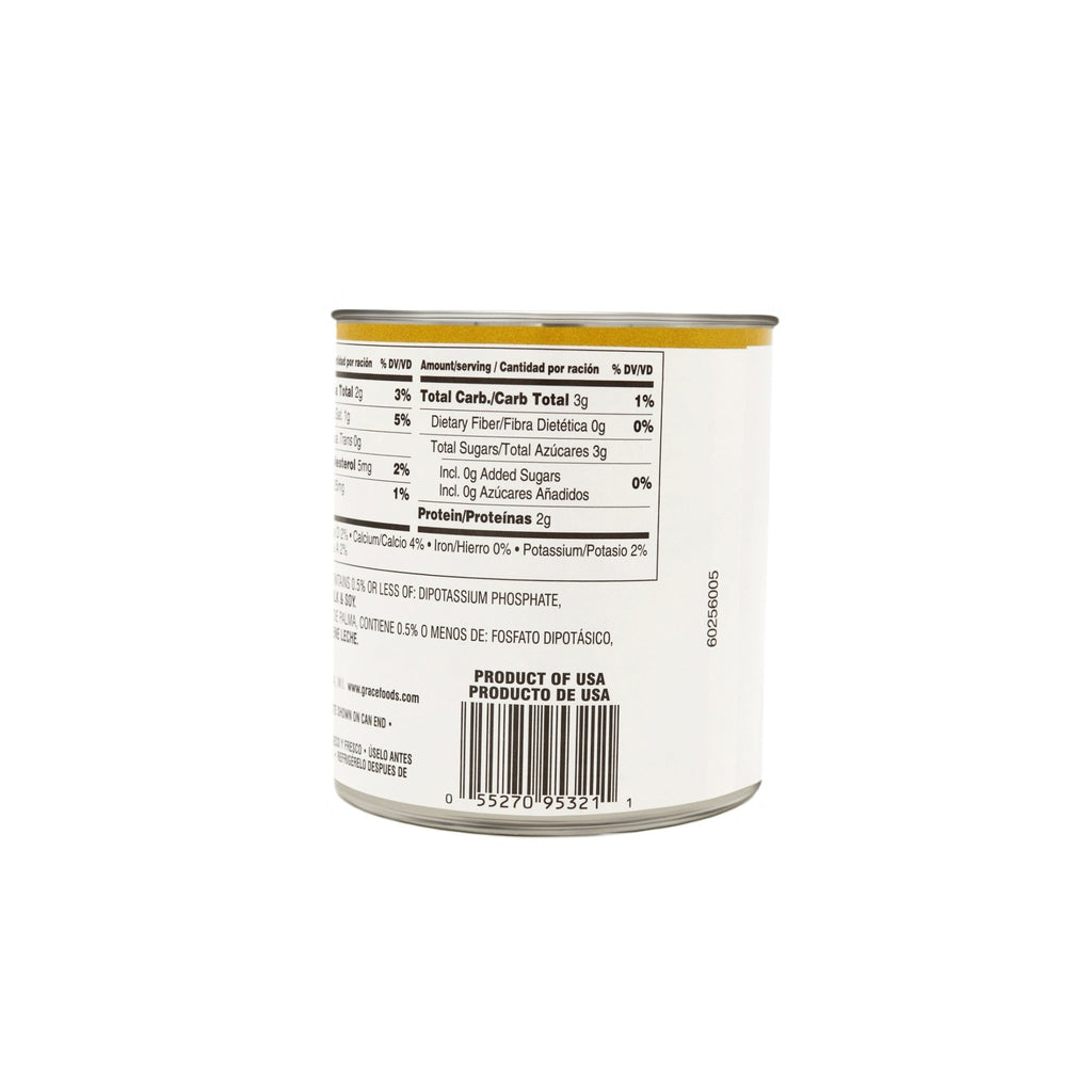 Nutrition facts label of GRACE Evaporated Filled Milk can, highlighting quality ingredients for Latin cooking.