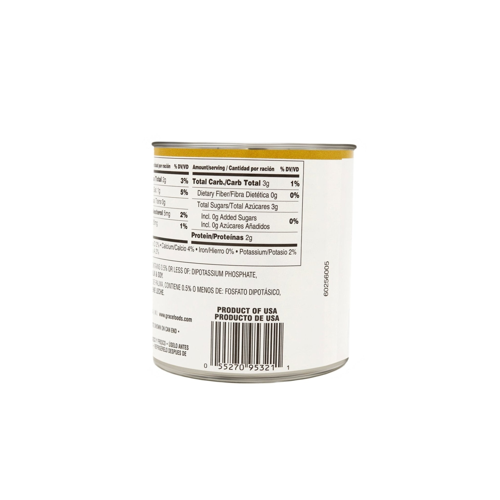 Nutrition facts label of GRACE Evaporated Filled Milk can, highlighting quality ingredients for Latin cooking.