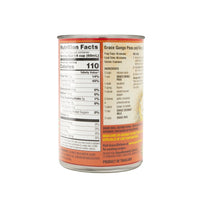 Grace Gungo Peas and Rice can, showcasing nutrition facts and ingredients for quality Latin food.