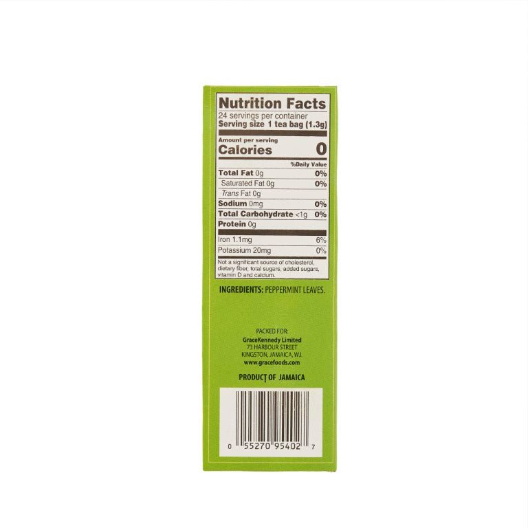 Nutrition facts for Grace Tea Peppermint, highlighting its freshness and quality ingredients, perfect for Latin food lovers.