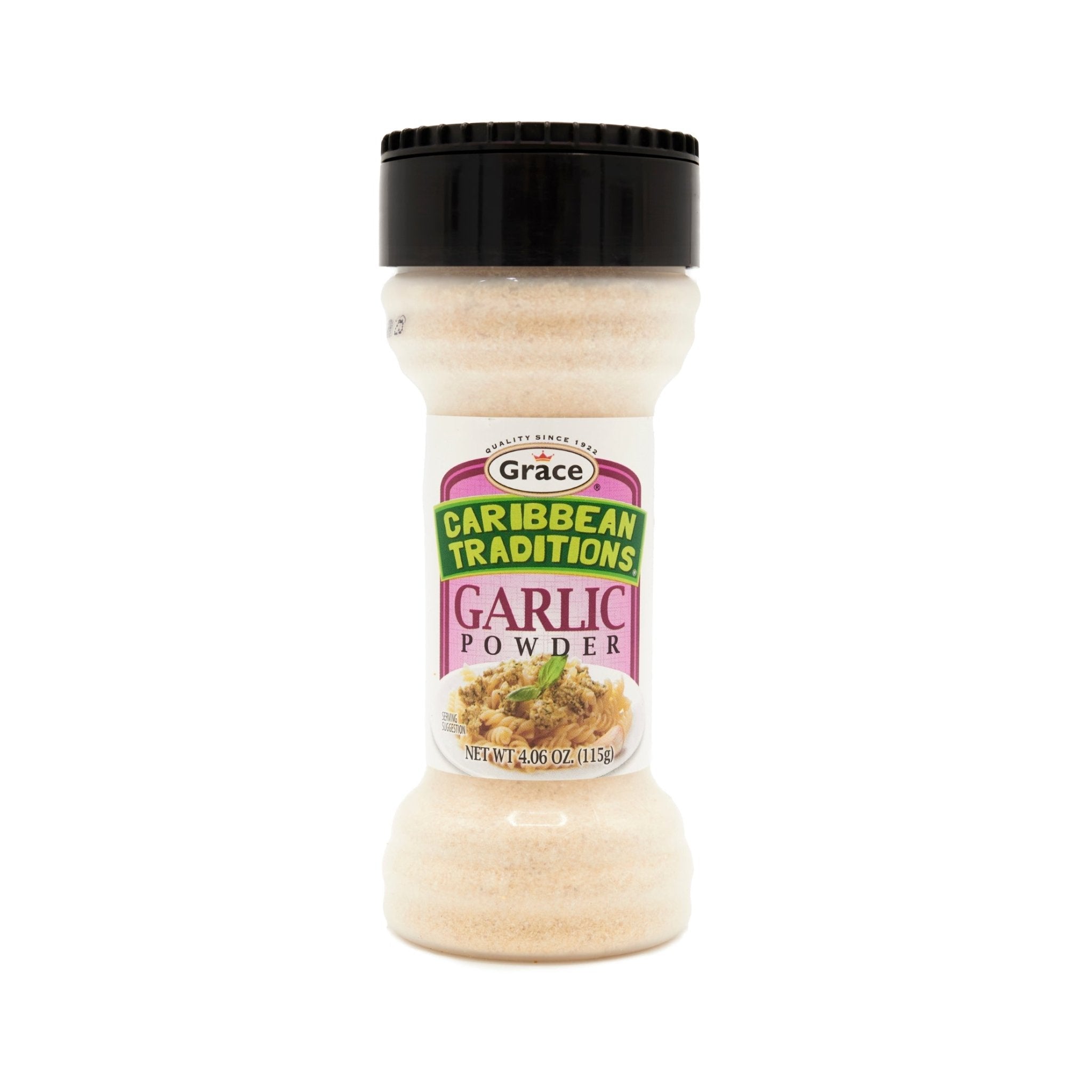 CARIB TRAD Garlic Powder in a clear shaker, perfect for enhancing flavors in Latin cuisine dishes.
