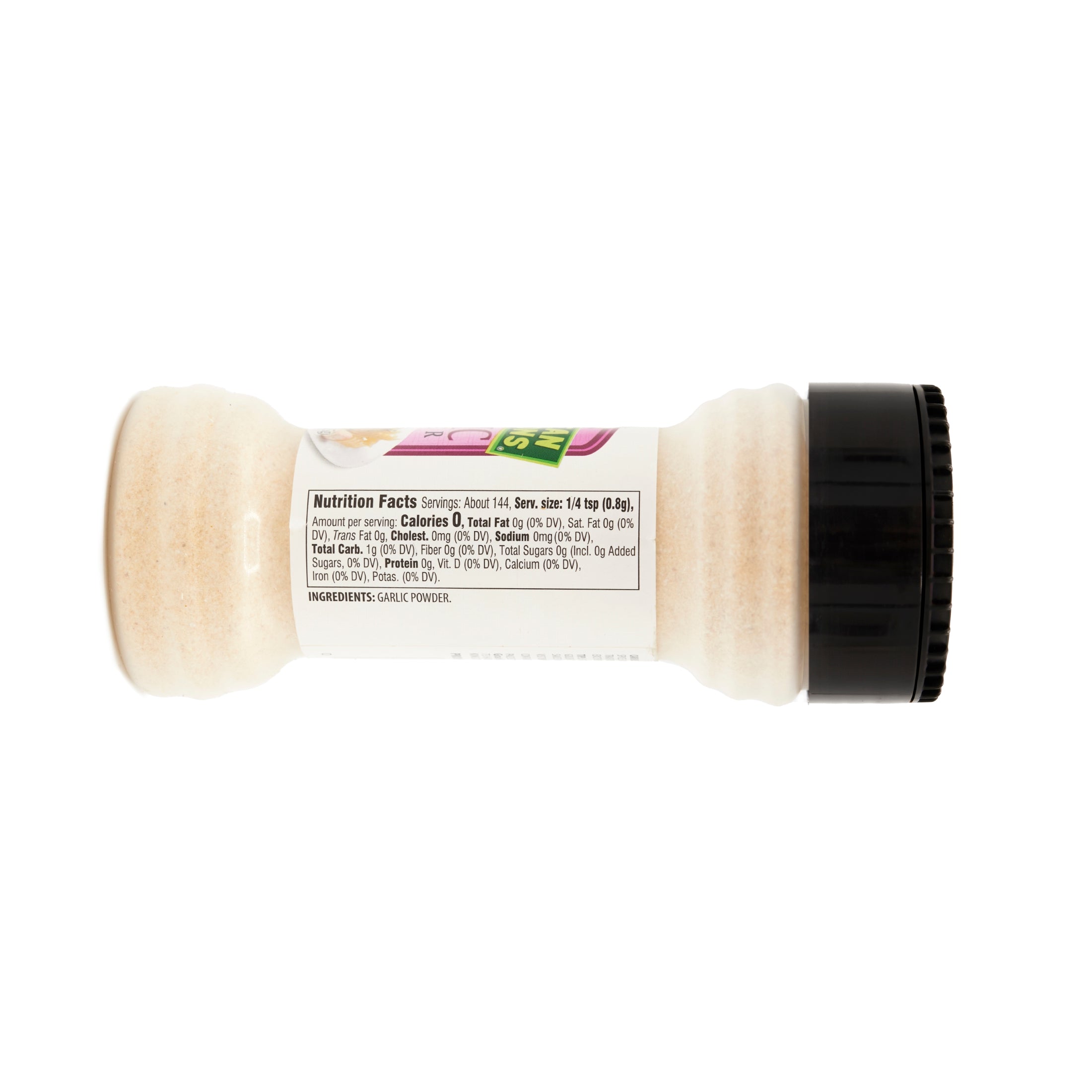 CARIB TRAD Garlic Powder bottle showcasing nutrition facts, essential for authentic Latin food preparation and flavor enhancement.