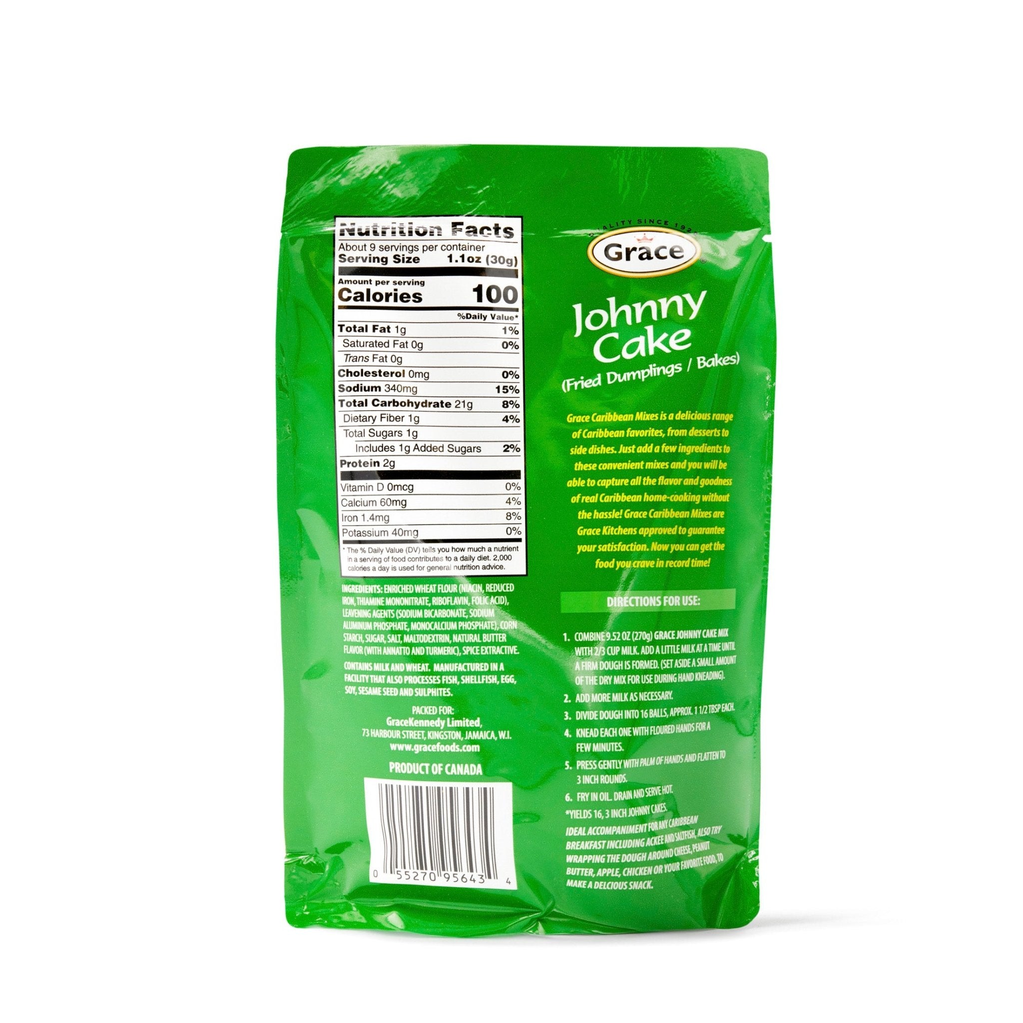 Grace Johnny Cake Mix packaging with nutrition facts, perfect for authentic Latin flavors and quality Latin foods.