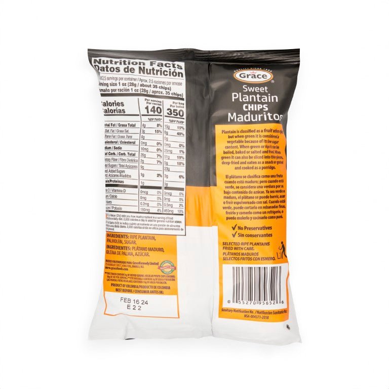 Grace Sweet Plantain Chips packaging featuring nutrition facts, 100% natural, delicious tropical flavor, perfect for Latin food lovers.