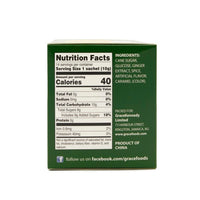 Nutrition facts for GR. INST. GING. TEA, showing calories and ingredients for healthy ginger tea.