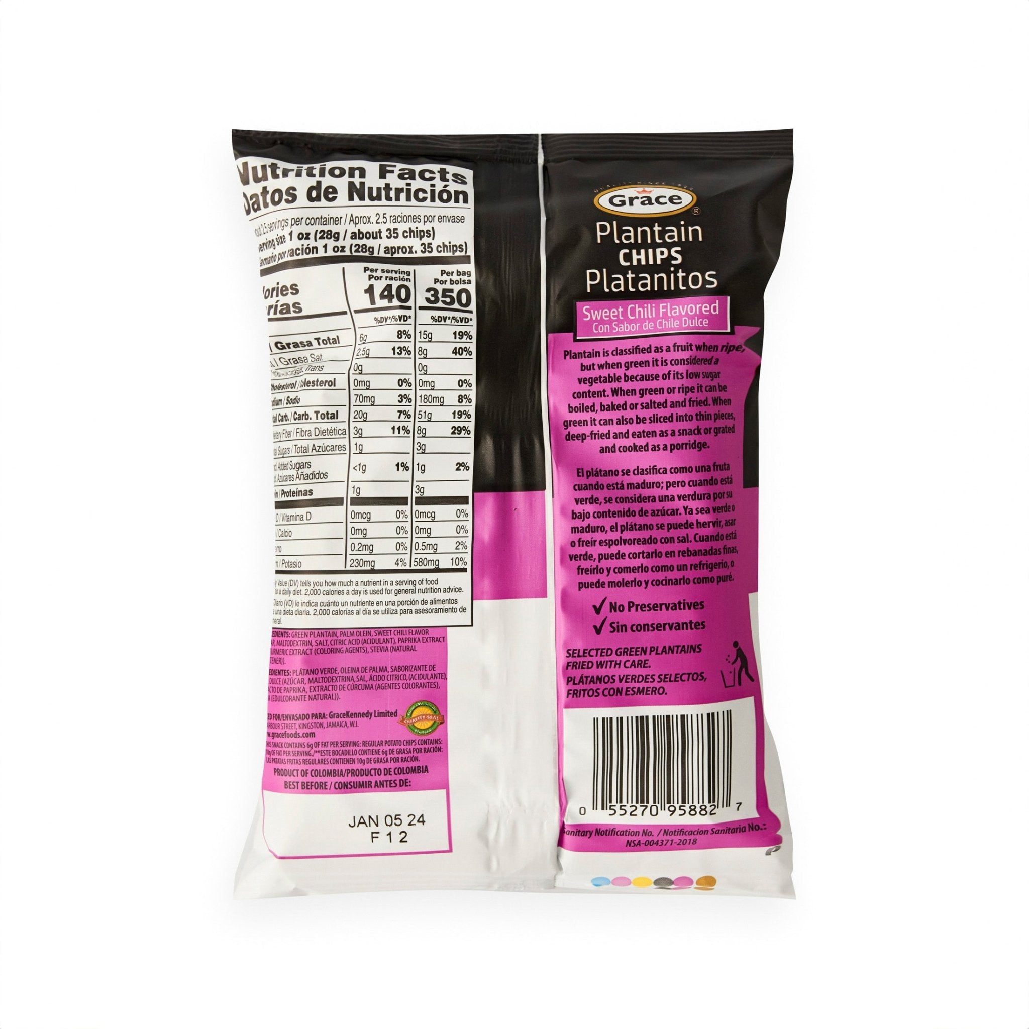 Grace P/Tain Sweet Chilli Chips packaging, showcasing nutrition info and vibrant design, ideal for fresh, quality Latin snacks.