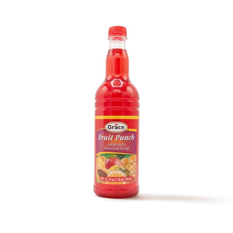 Grace Syrup Fruit Punch in a bottle, perfect for adding tropical flavors to drinks or desserts, quality Latin food product.
