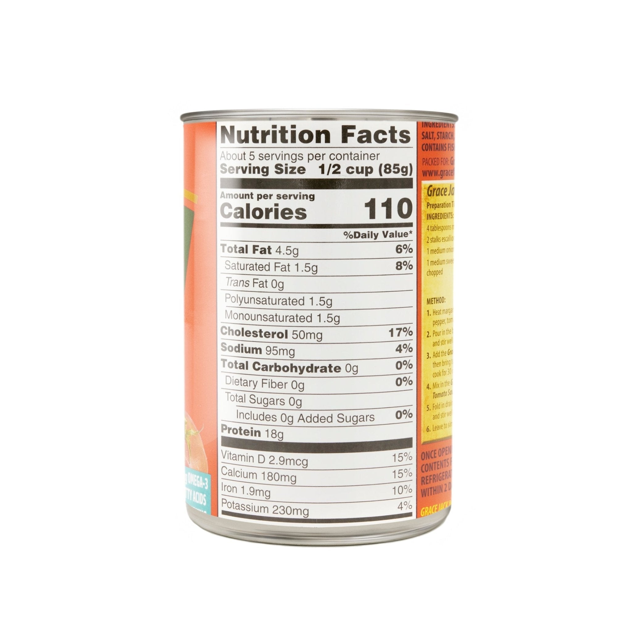 Nutrition facts label for GR. JACK MACKEREL - TOM/SAUCE, showcasing calories and essential nutrients for healthy meals.
