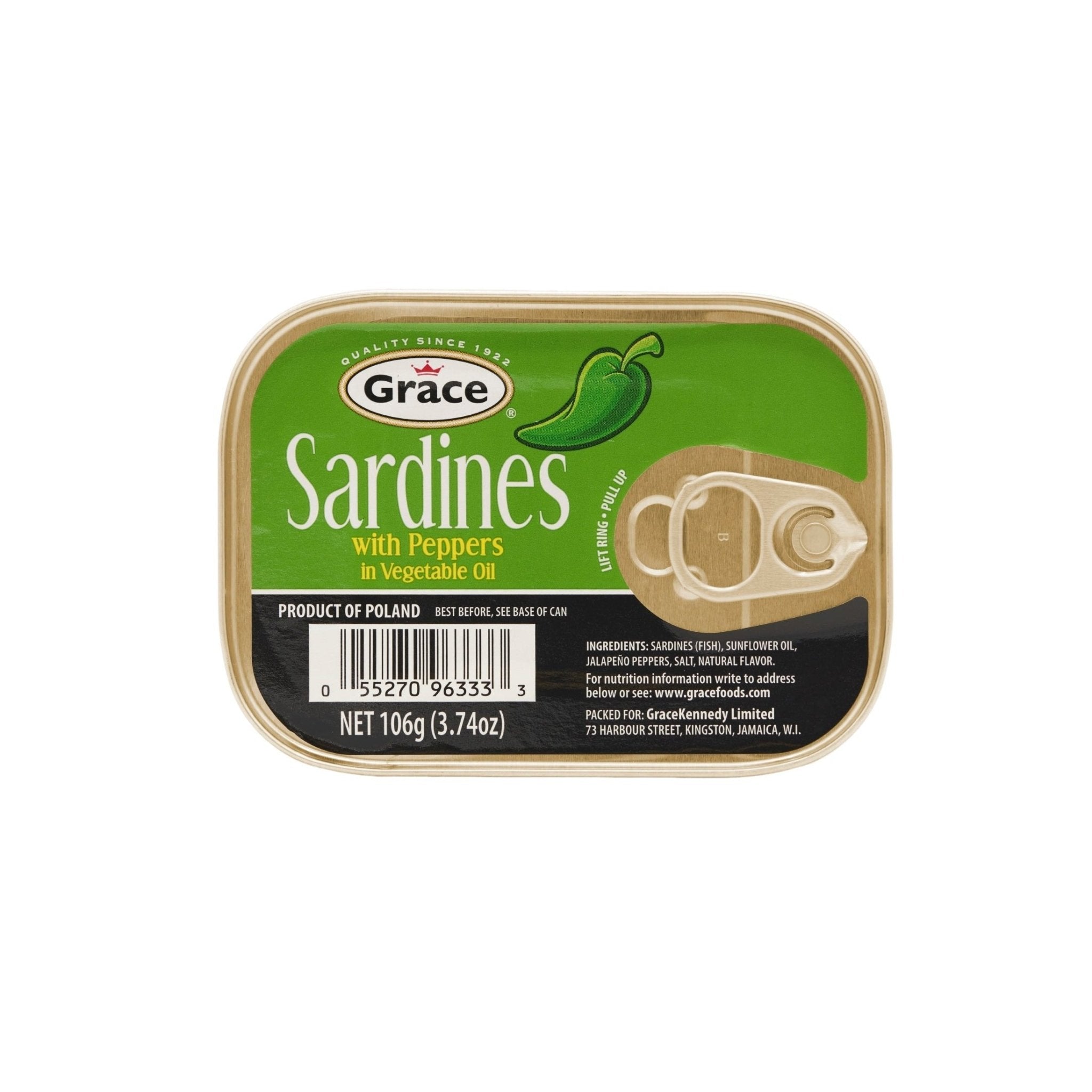 GR Sardines with Peppers in Vegetable Oil packaging, perfect for authentic Latin flavors and convenient meals.