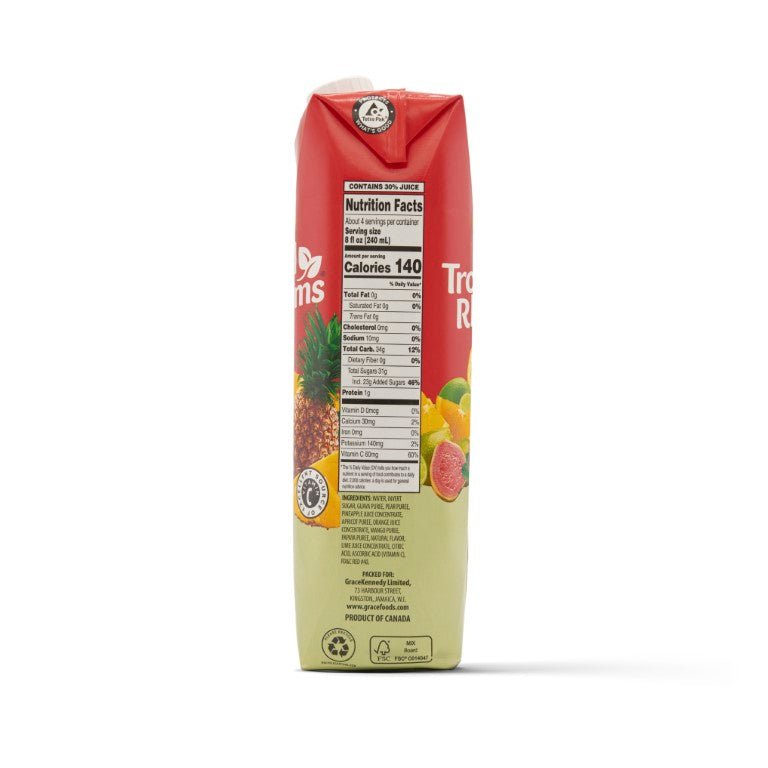 T/RHYTHMS FRUIT PUNCH TETRA juice carton with nutrition facts, offering authentic tropical flavors in a 1L pack.