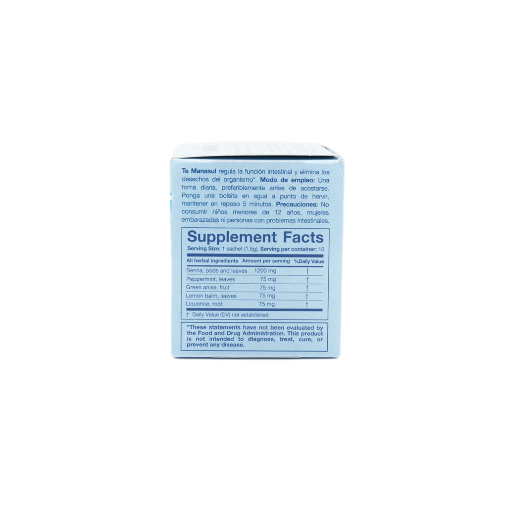 Supplement facts for MANASUL TE, a quality Latin food product promoting gastrointestinal health.