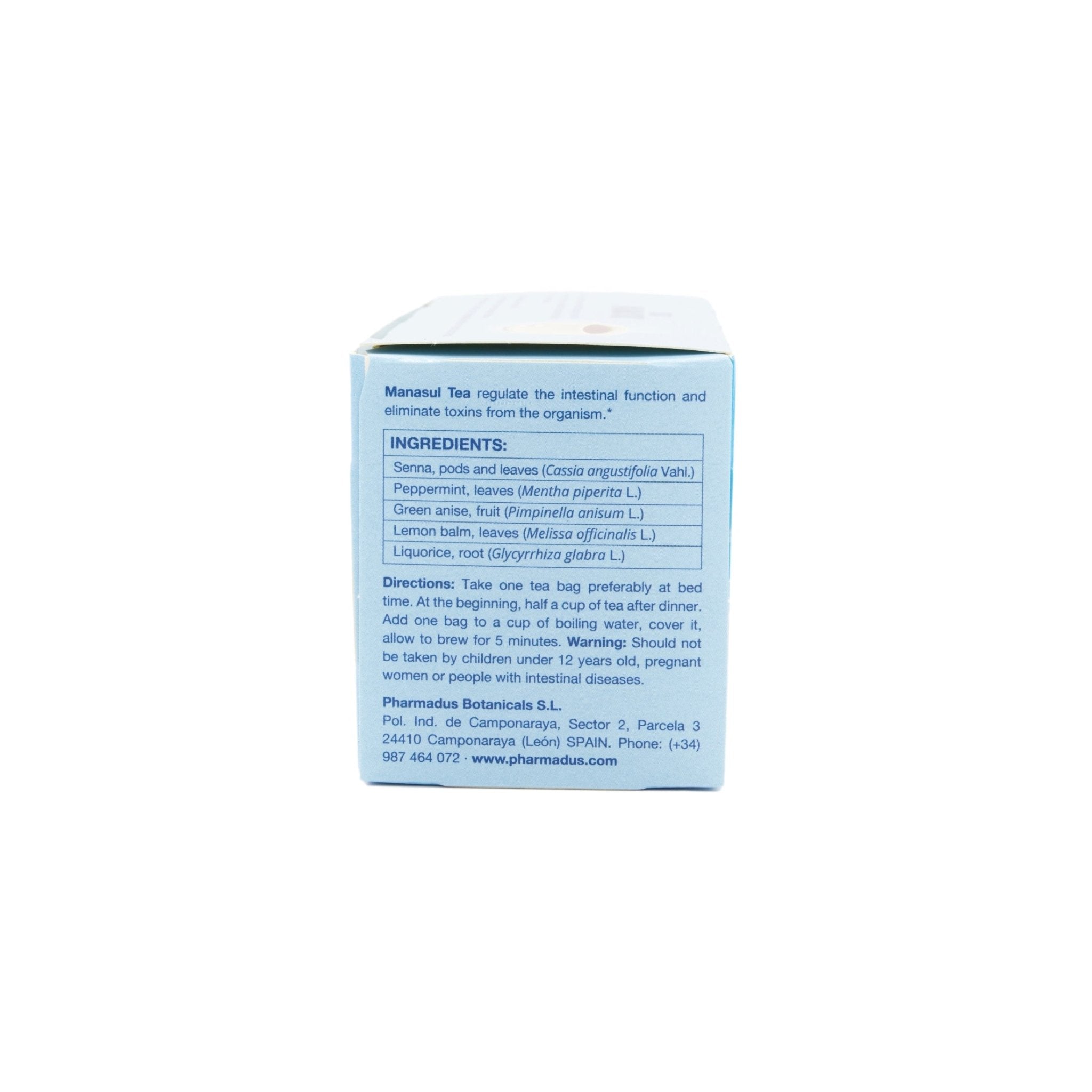 Ingredients and directions for MANASUL TE promoting gastrointestinal health and comfort in a blue box.