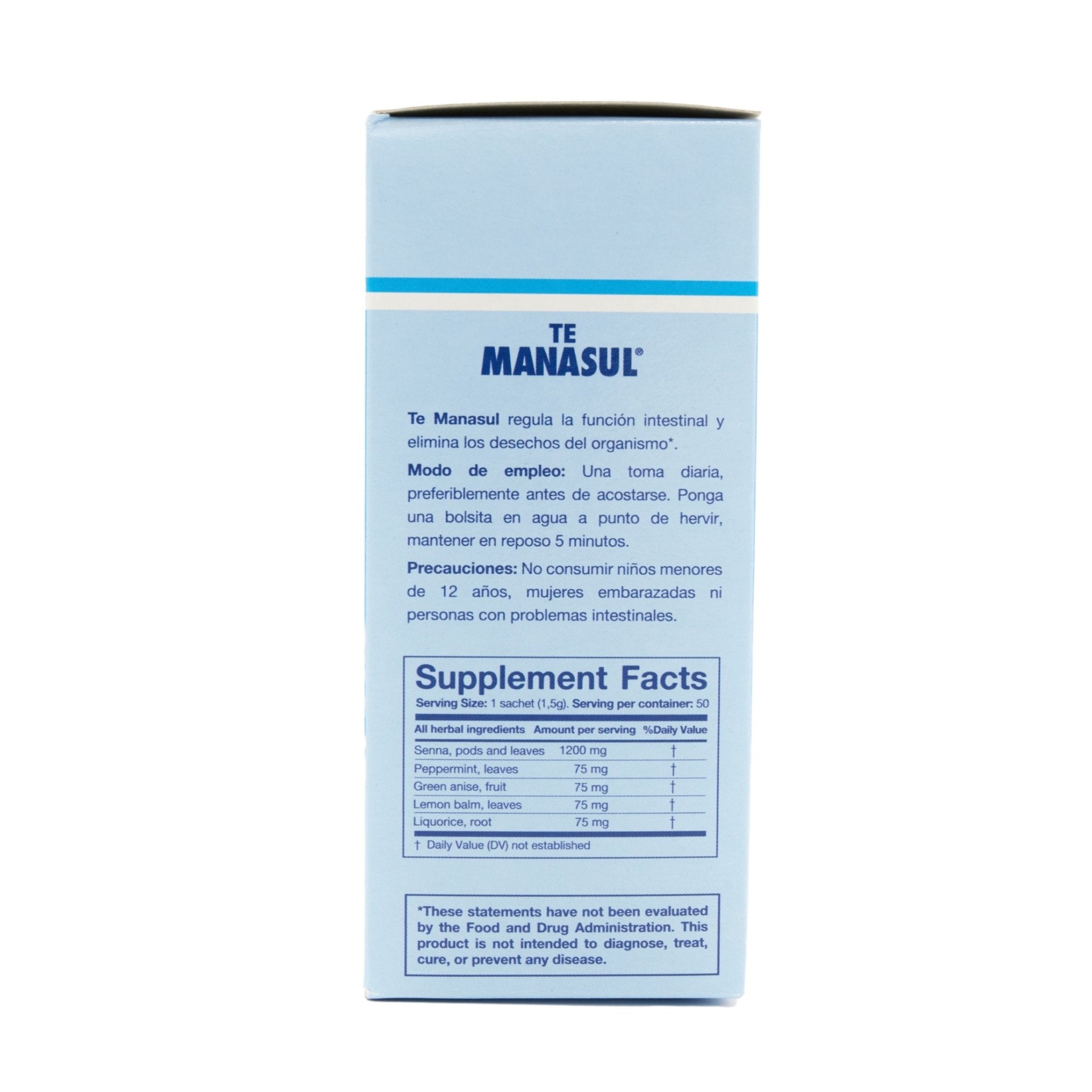 MANASUL TE box with supplement facts, promoting gastrointestinal health and natural ingredients for digestive wellness.