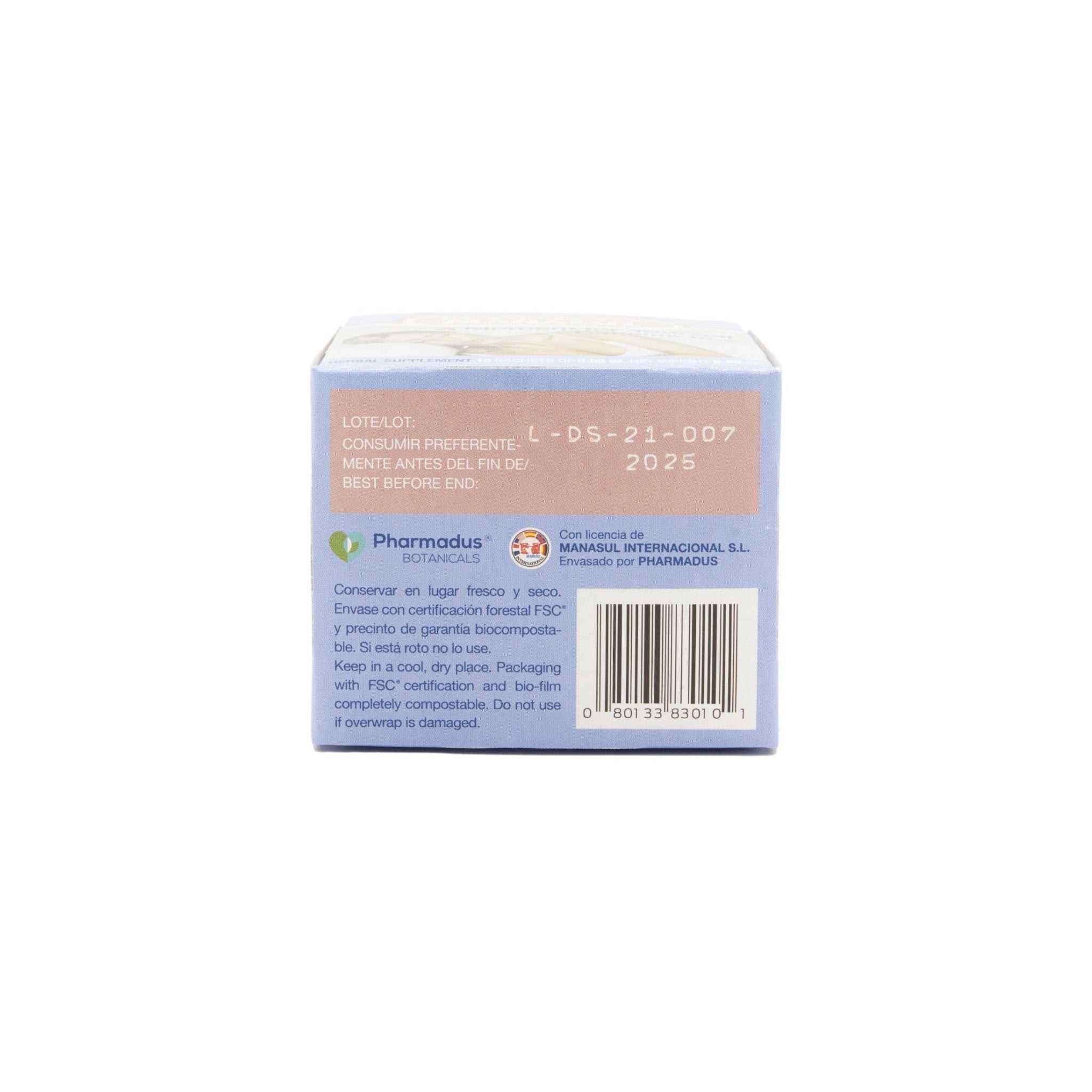 MANAZUL DE STRESS supplement box side view, featuring expiration date and brand information for quality assurance.