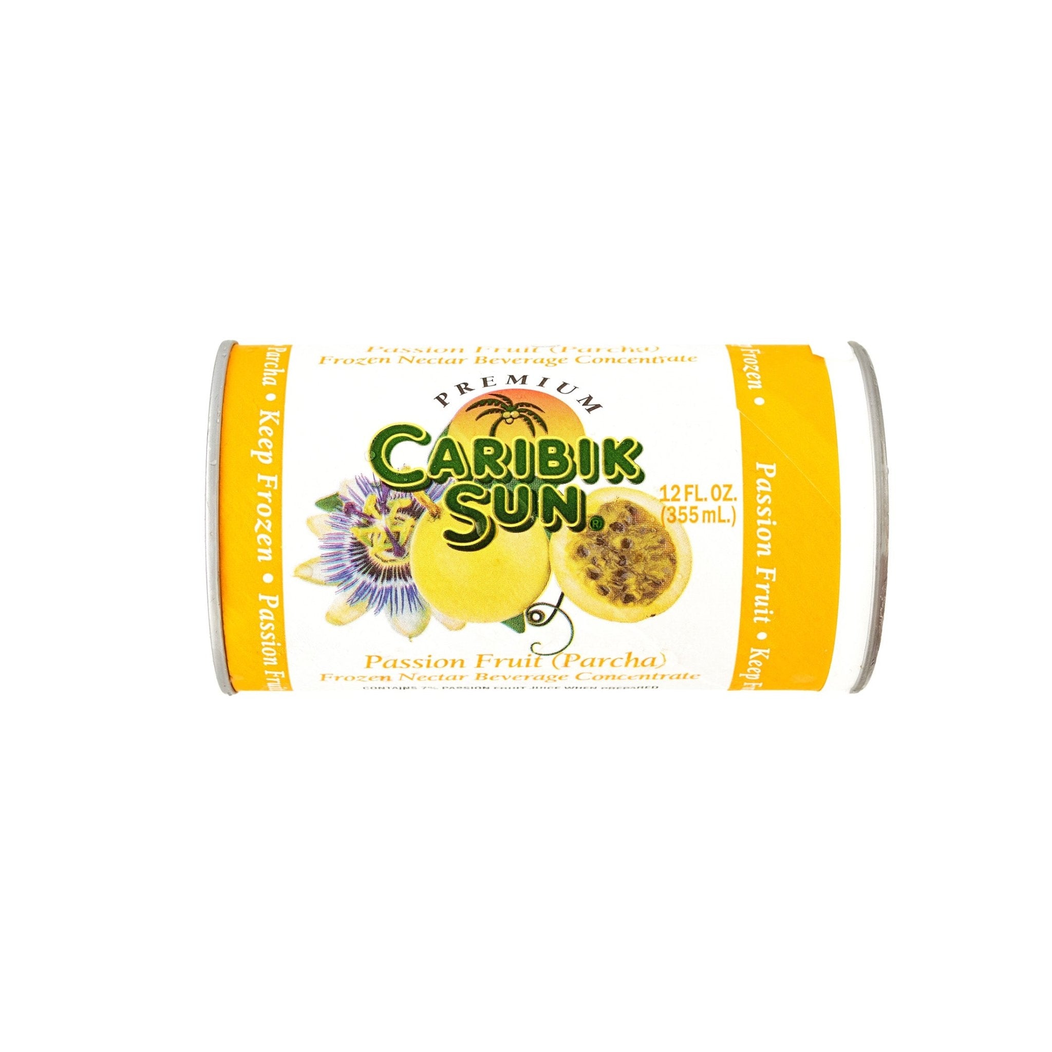 Caribik Sun Parcha Passion Fruit drink can, 12 oz, showcasing tropical flavors of quality Latin food.
