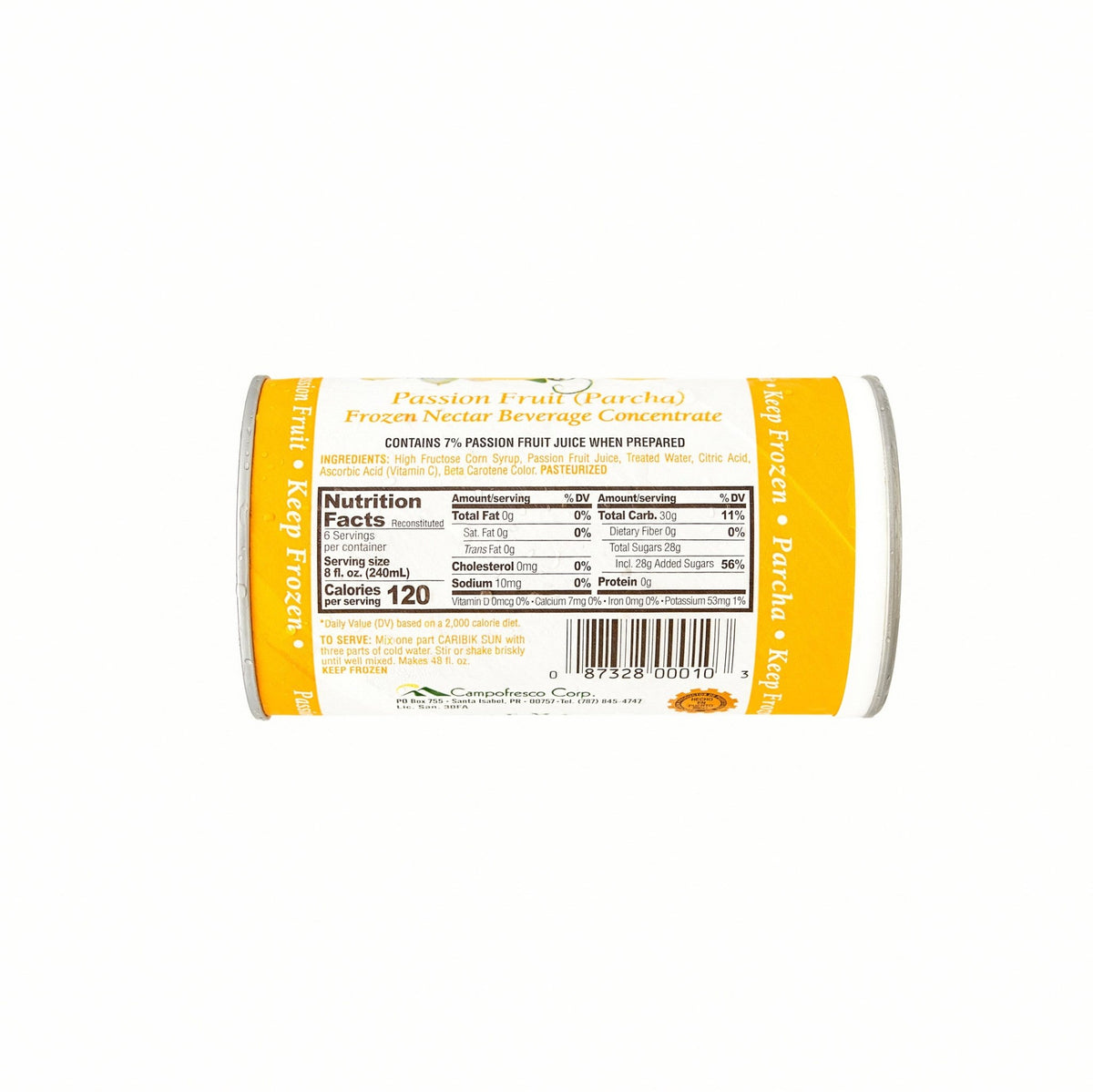 Caribik Sun Parcha frozen passion fruit concentrate, a quality Latin food product, offering tropical flavors and authentic taste.