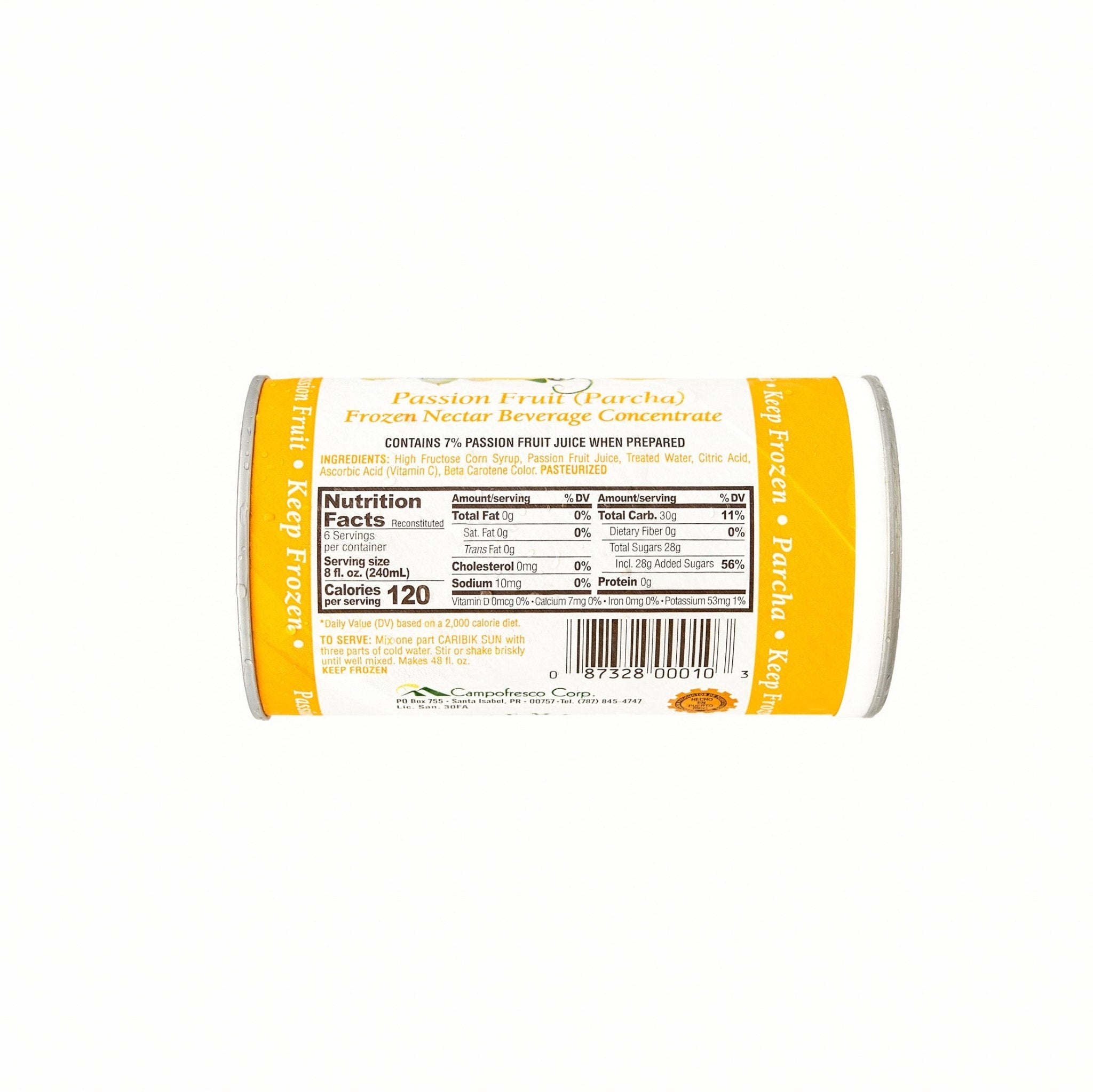 Caribik Sun Parcha frozen passion fruit concentrate, a quality Latin food product, offering tropical flavors and authentic taste.