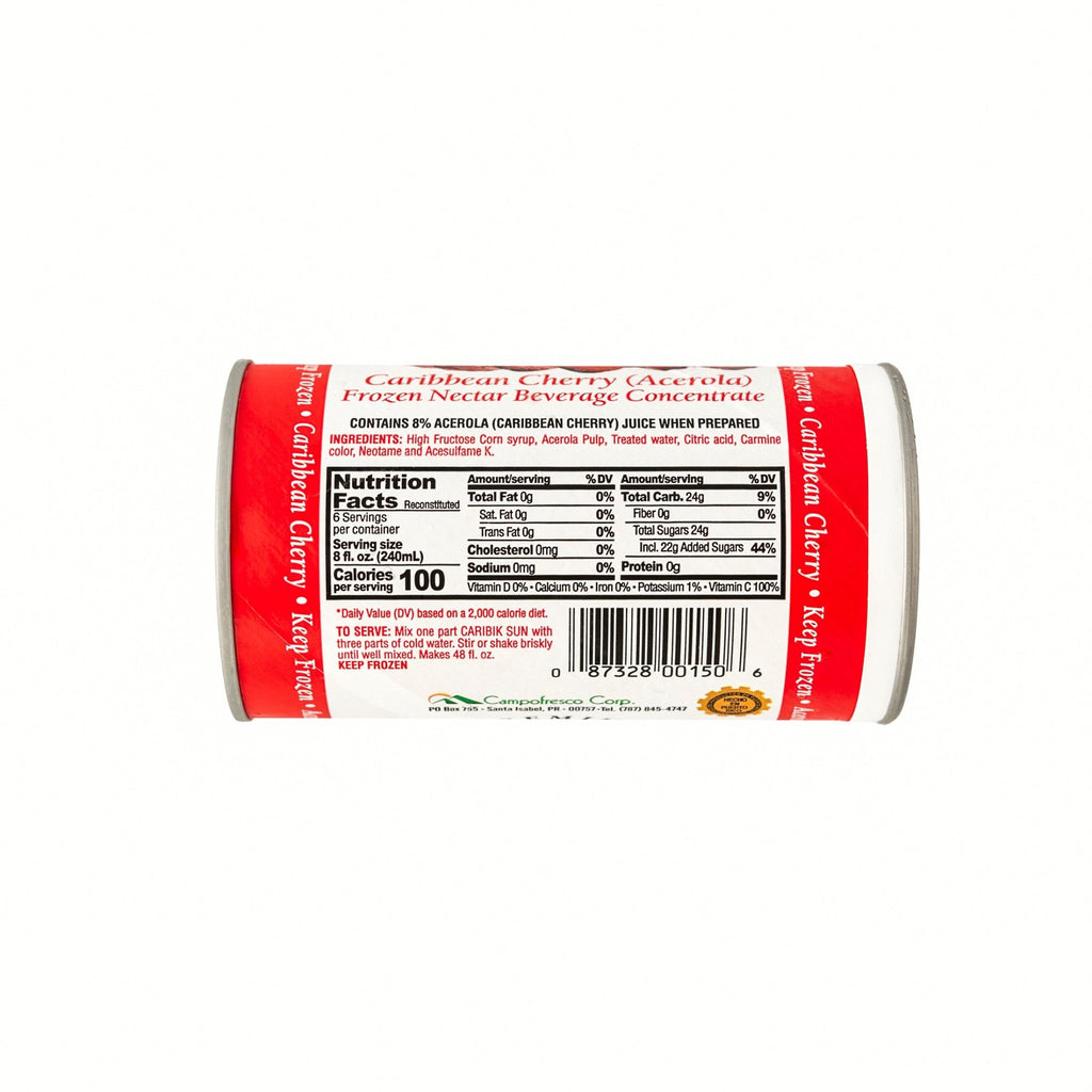 CARIBIK SUN ACEROLA beverage concentrate can featuring tropical flavors and nutritional information, ideal for Latin food lovers.