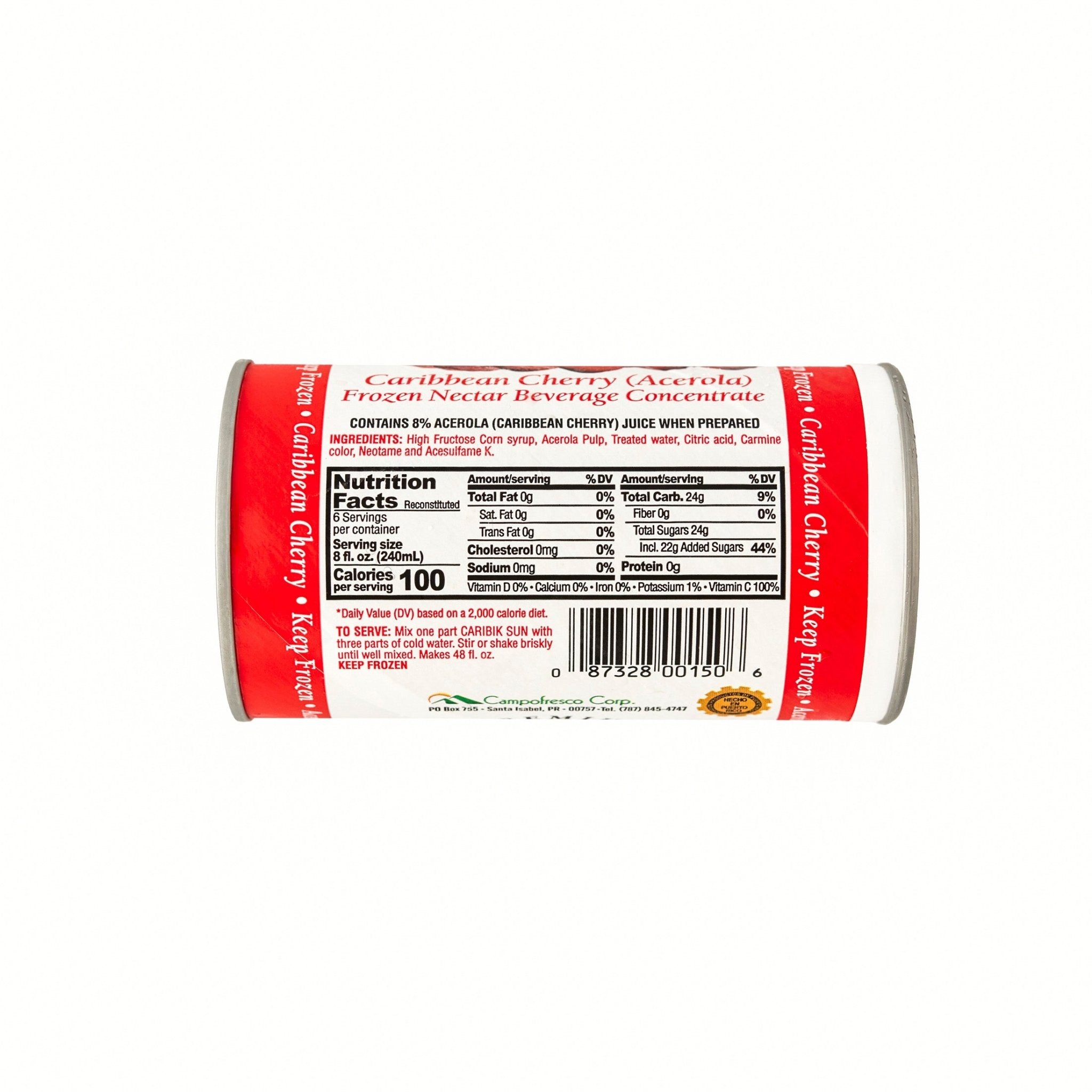 CARIBIK SUN ACEROLA beverage concentrate can featuring tropical flavors and nutritional information, ideal for Latin food lovers.